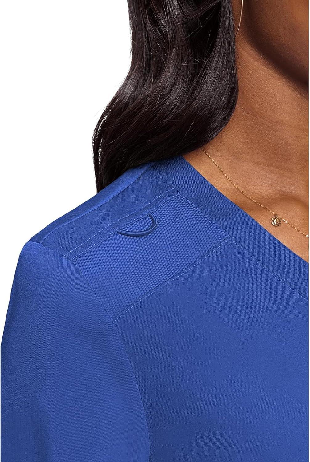 imageMed Couture Womens VNeck Scrub Top Modern Fit Tuckin Top with Stretchy RibKnit Shoulders and Chest Pocket MC7448Royal
