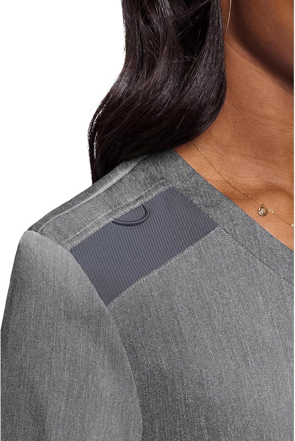 imageMed Couture Womens VNeck Scrub Top Modern Fit Tuckin Top with Stretchy RibKnit Shoulders and Chest Pocket MC7448Slate