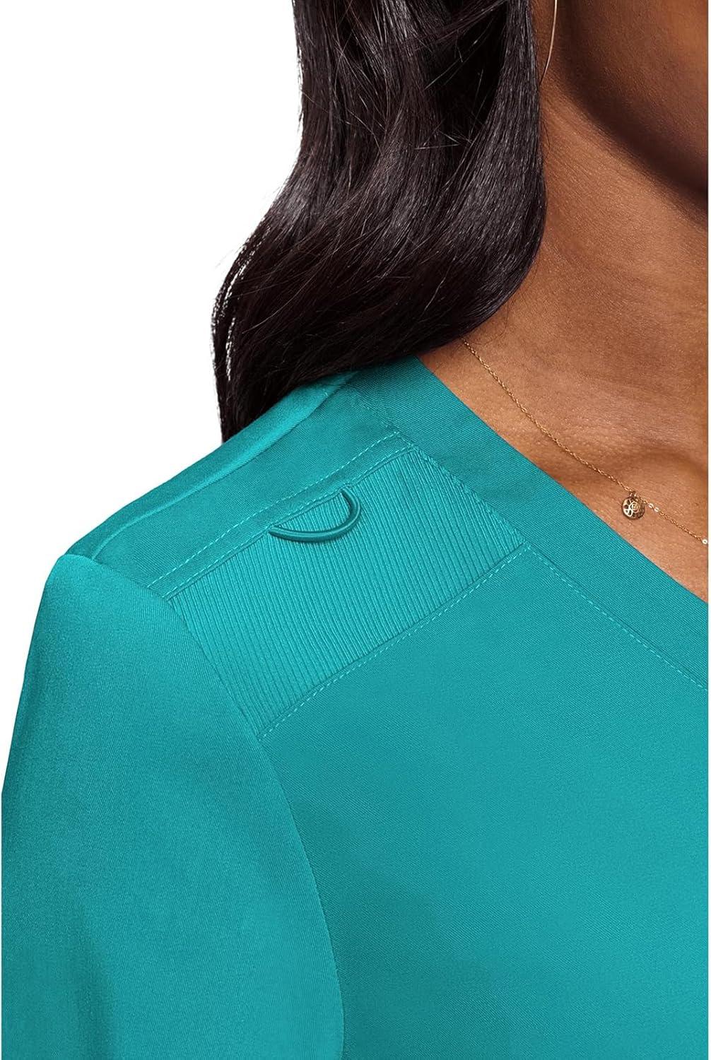 imageMed Couture Womens VNeck Scrub Top Modern Fit Tuckin Top with Stretchy RibKnit Shoulders and Chest Pocket MC7448Teal