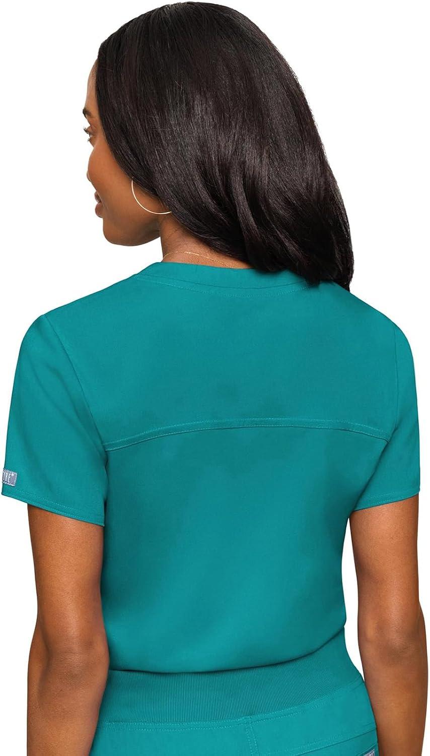 imageMed Couture Womens VNeck Scrub Top Modern Fit Tuckin Top with Stretchy RibKnit Shoulders and Chest Pocket MC7448Teal