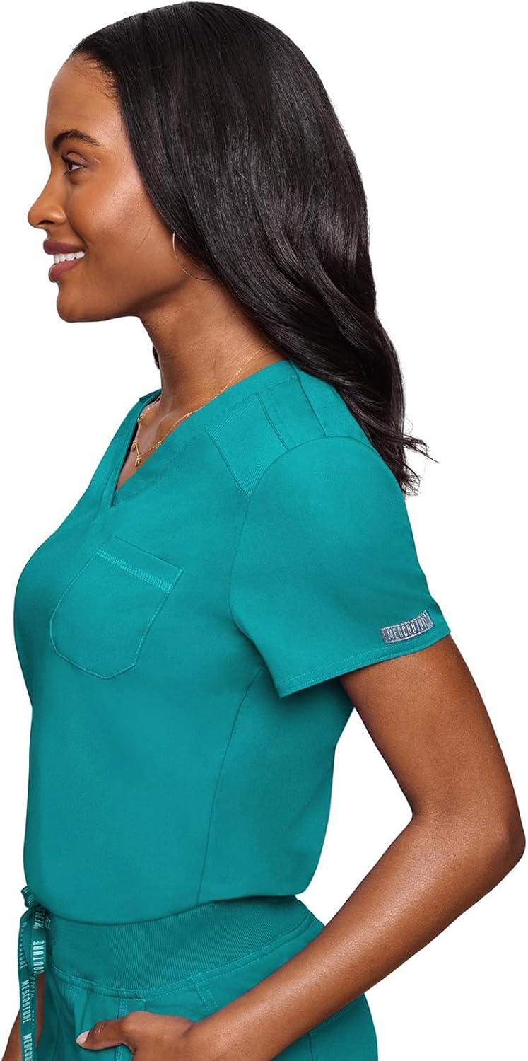 imageMed Couture Womens VNeck Scrub Top Modern Fit Tuckin Top with Stretchy RibKnit Shoulders and Chest Pocket MC7448Teal