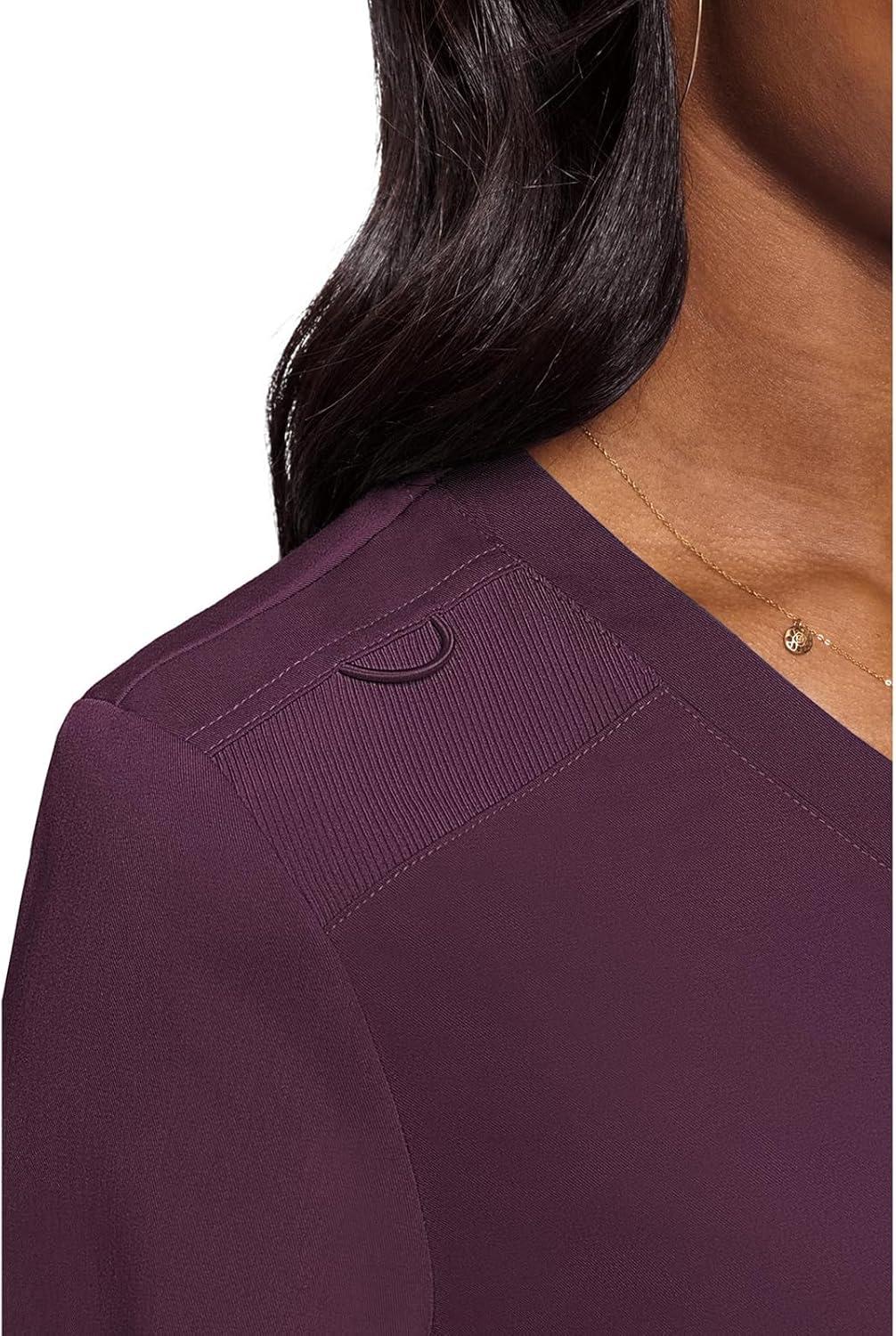 imageMed Couture Womens VNeck Scrub Top Modern Fit Tuckin Top with Stretchy RibKnit Shoulders and Chest Pocket MC7448Wine