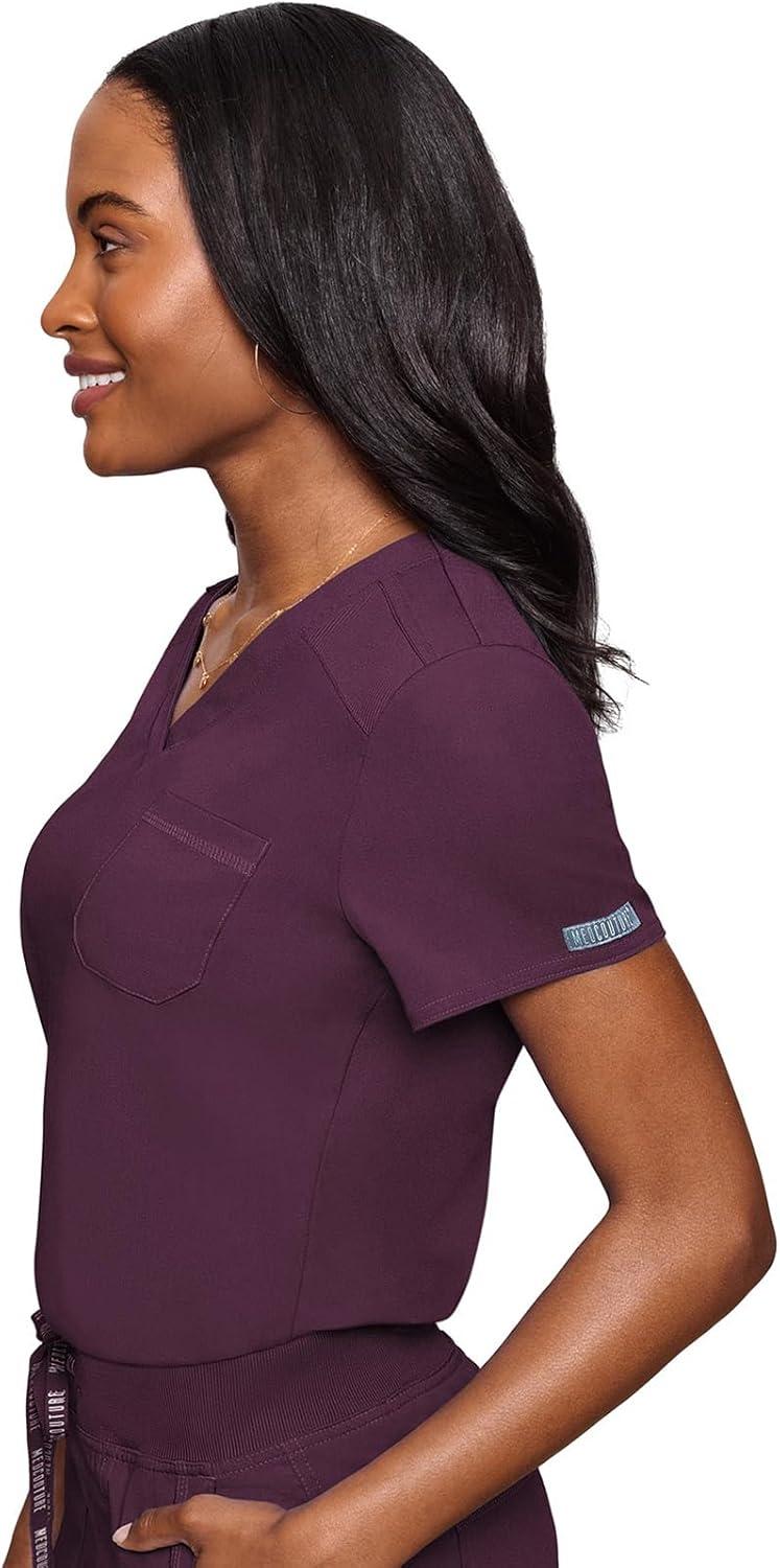 imageMed Couture Womens VNeck Scrub Top Modern Fit Tuckin Top with Stretchy RibKnit Shoulders and Chest Pocket MC7448Wine