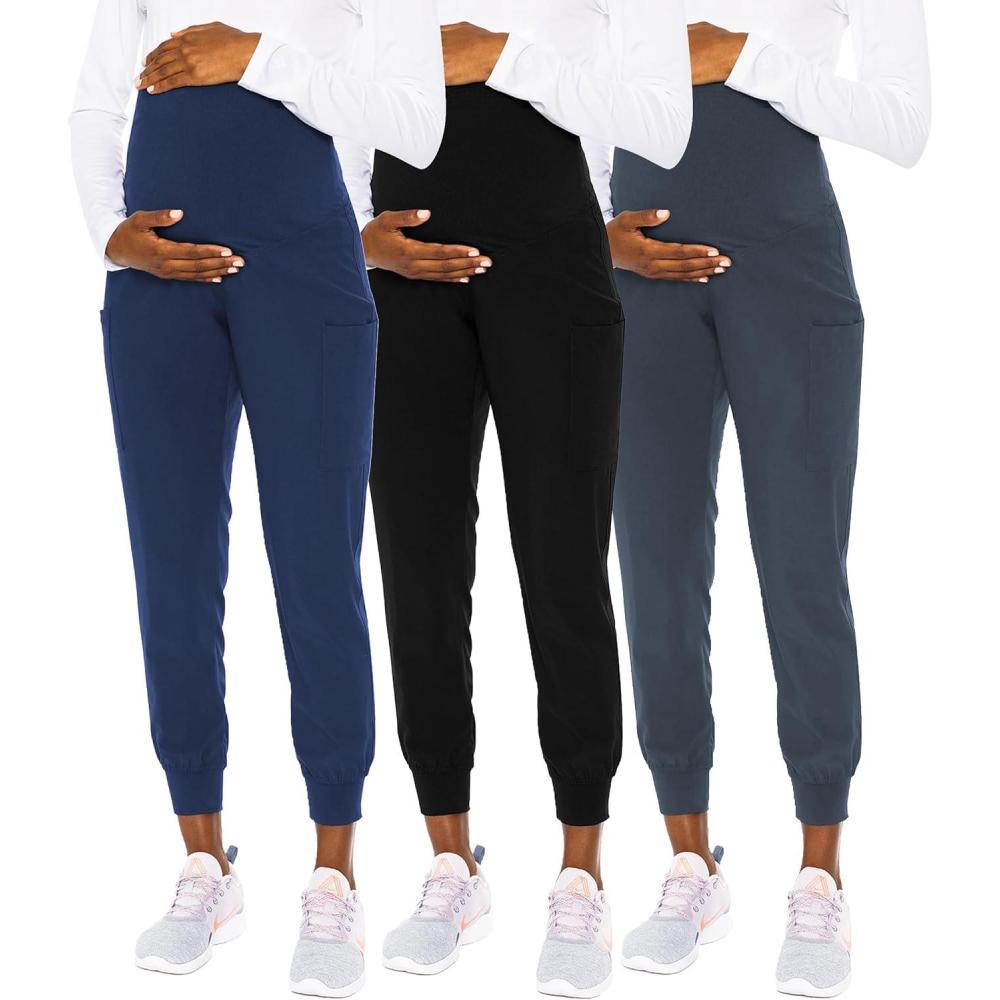 imageMed Couture Maternity Jogger Scrub Pants for Women High Rise Waist 4 Pockets with Soft Knit Waistband  MC029Navy  Black  Pewter  3 Pack