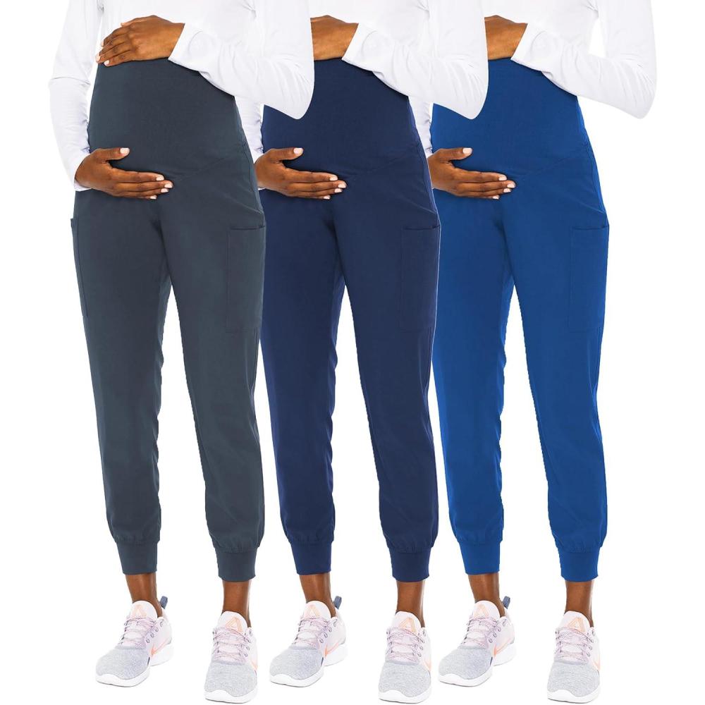 imageMed Couture Maternity Jogger Scrub Pants for Women High Rise Waist 4 Pockets with Soft Knit Waistband  MC029Pewter  Navy  Royal  3 Pack