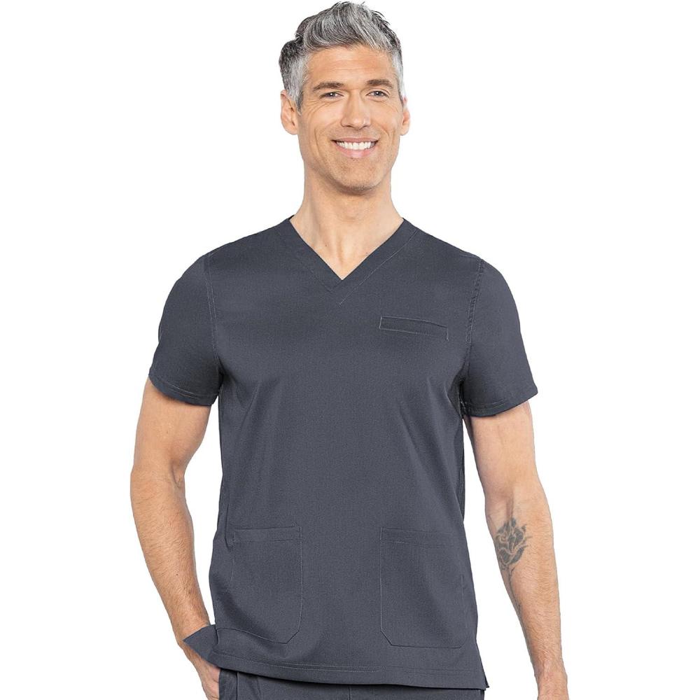 imageMed Couture Mens Scrub Top Wescott with 3 Pockets amp 2Way Stretch and Ultra Soft Fabric MC7477Pewter