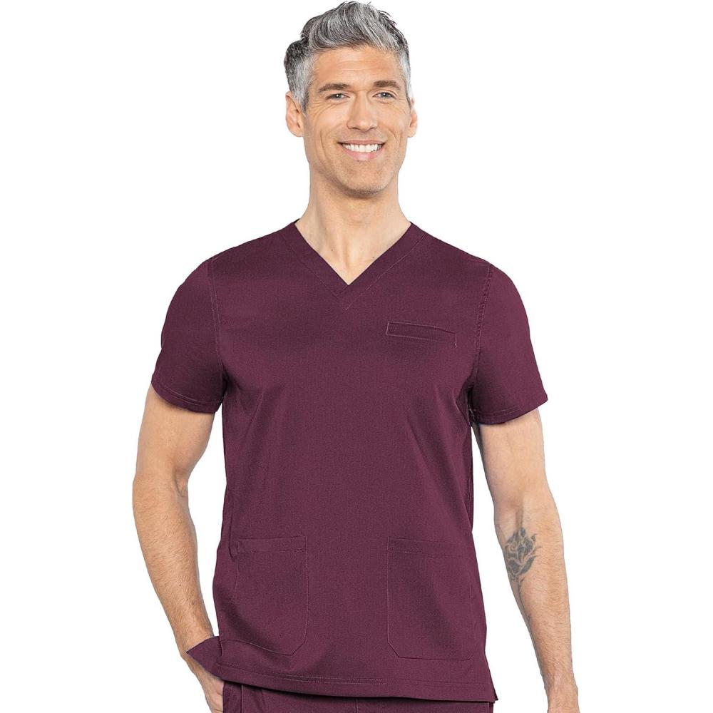 imageMed Couture Mens Scrub Top Wescott with 3 Pockets amp 2Way Stretch and Ultra Soft Fabric MC7477Wine