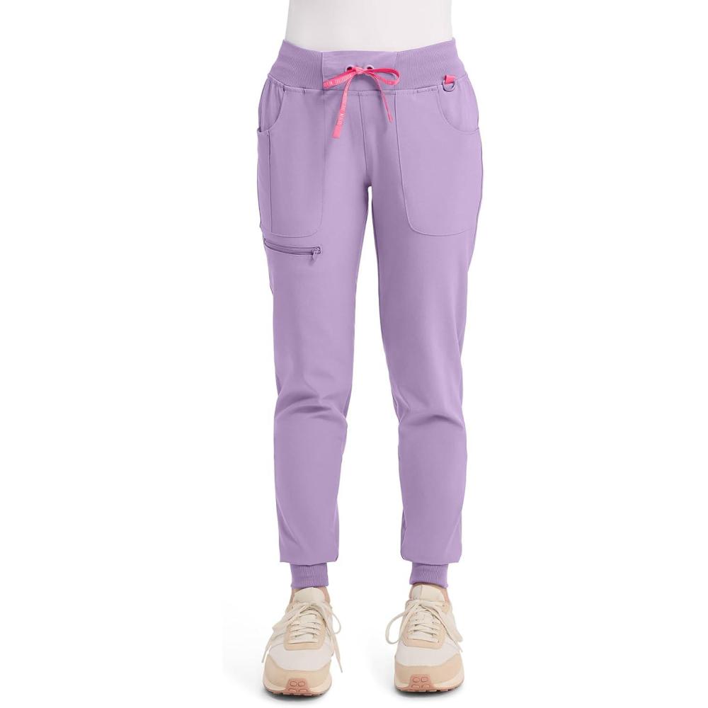 imageMed Couture Scrub Pants for Women Mid Rise Scrub Jogger with 5 Pockets RibKnit Cuffs with Drawstring Waistband MC102Digital Lavender