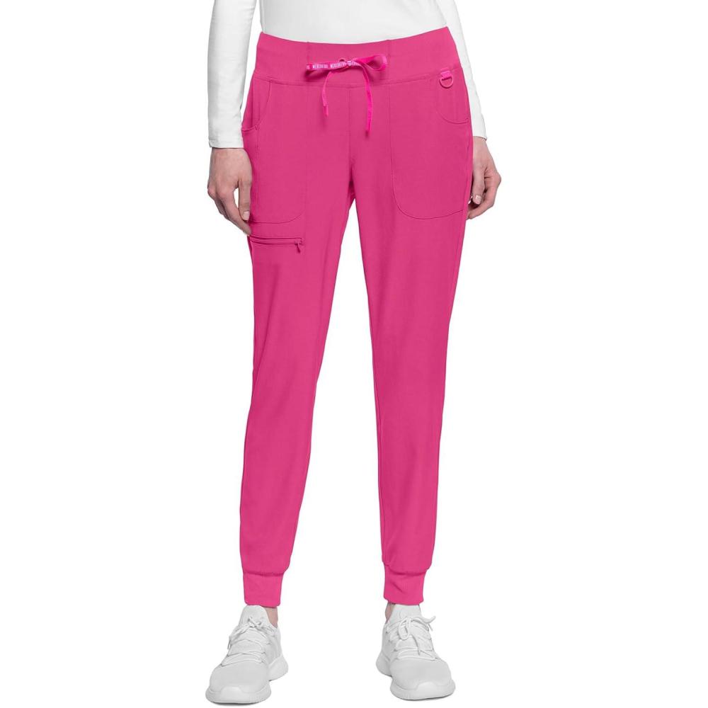 imageMed Couture Scrub Pants for Women Mid Rise Scrub Jogger with 5 Pockets RibKnit Cuffs with Drawstring Waistband MC102Pink Power
