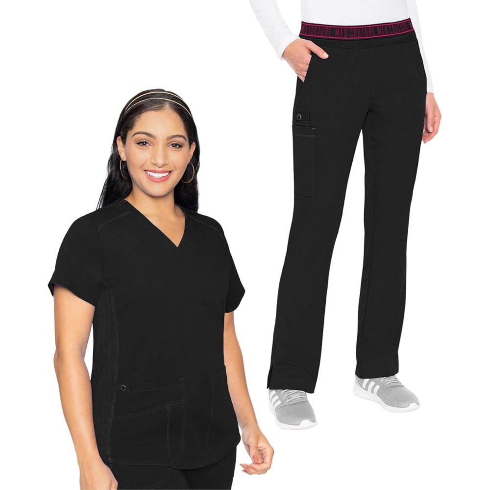 imageMed Couture Scrub Set For Women 11 Pockets with VNeck Scrub Top MC7459 and Comfortable Scrub Pants MC7739Black