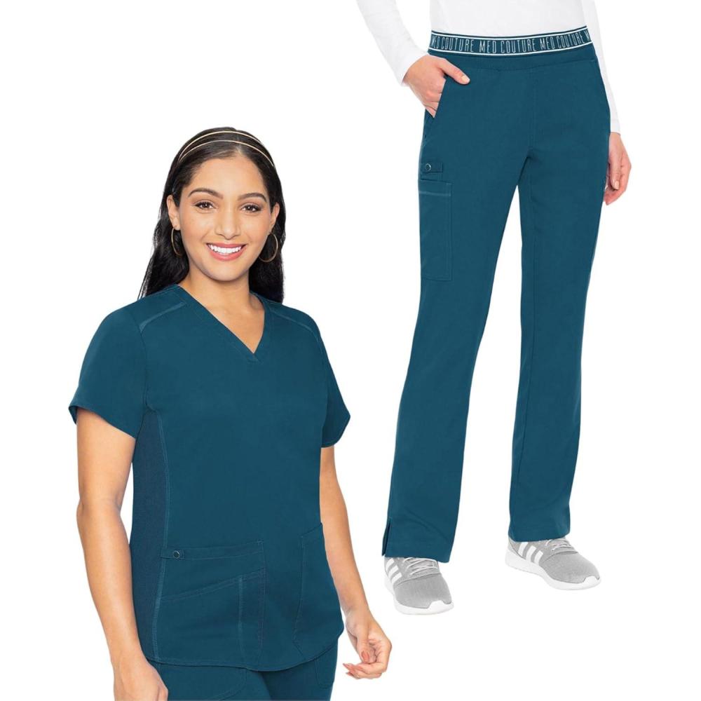 imageMed Couture Scrub Set For Women 11 Pockets with VNeck Scrub Top MC7459 and Comfortable Scrub Pants MC7739Caribbean