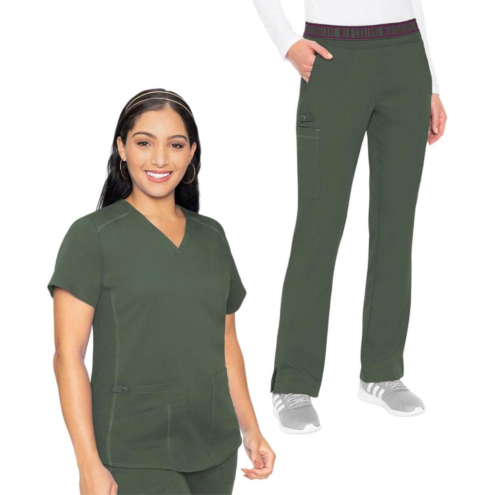 imageMed Couture Scrub Set For Women 11 Pockets with VNeck Scrub Top MC7459 and Comfortable Scrub Pants MC7739Olive