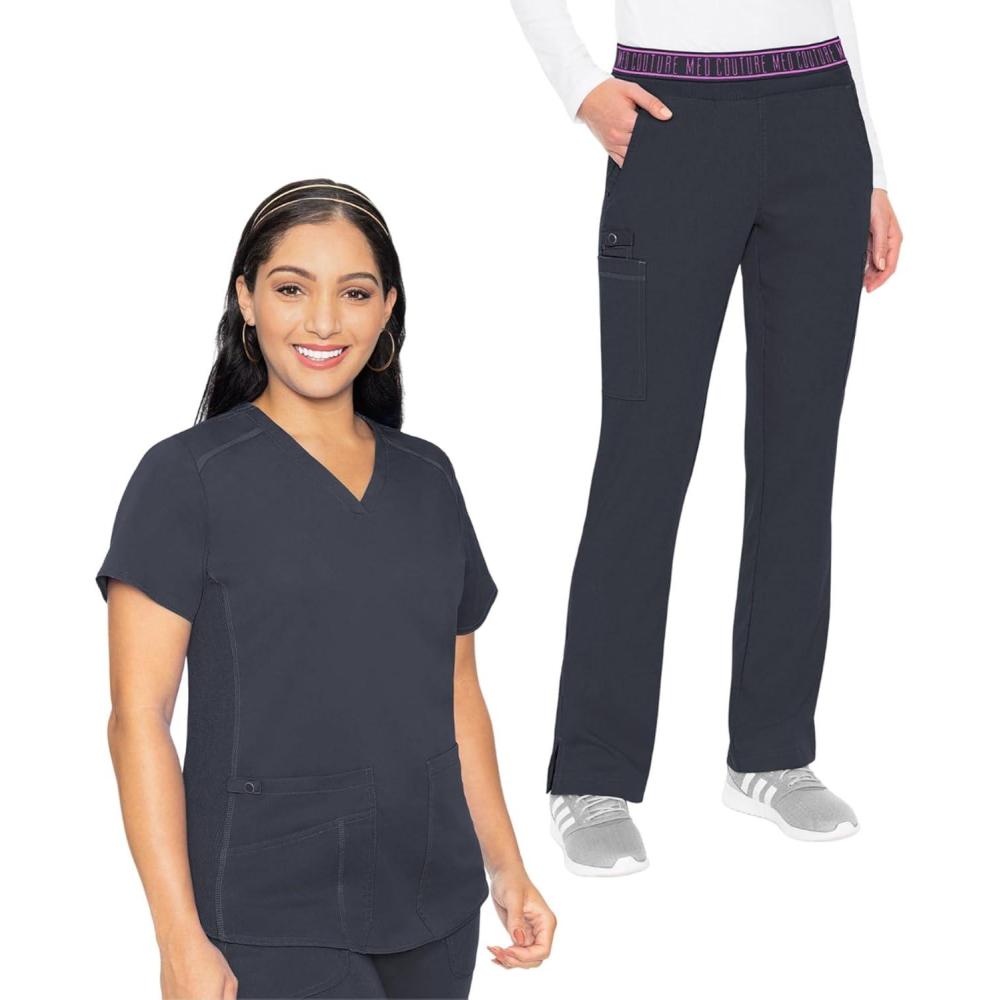 imageMed Couture Scrub Set For Women 11 Pockets with VNeck Scrub Top MC7459 and Comfortable Scrub Pants MC7739Pewter