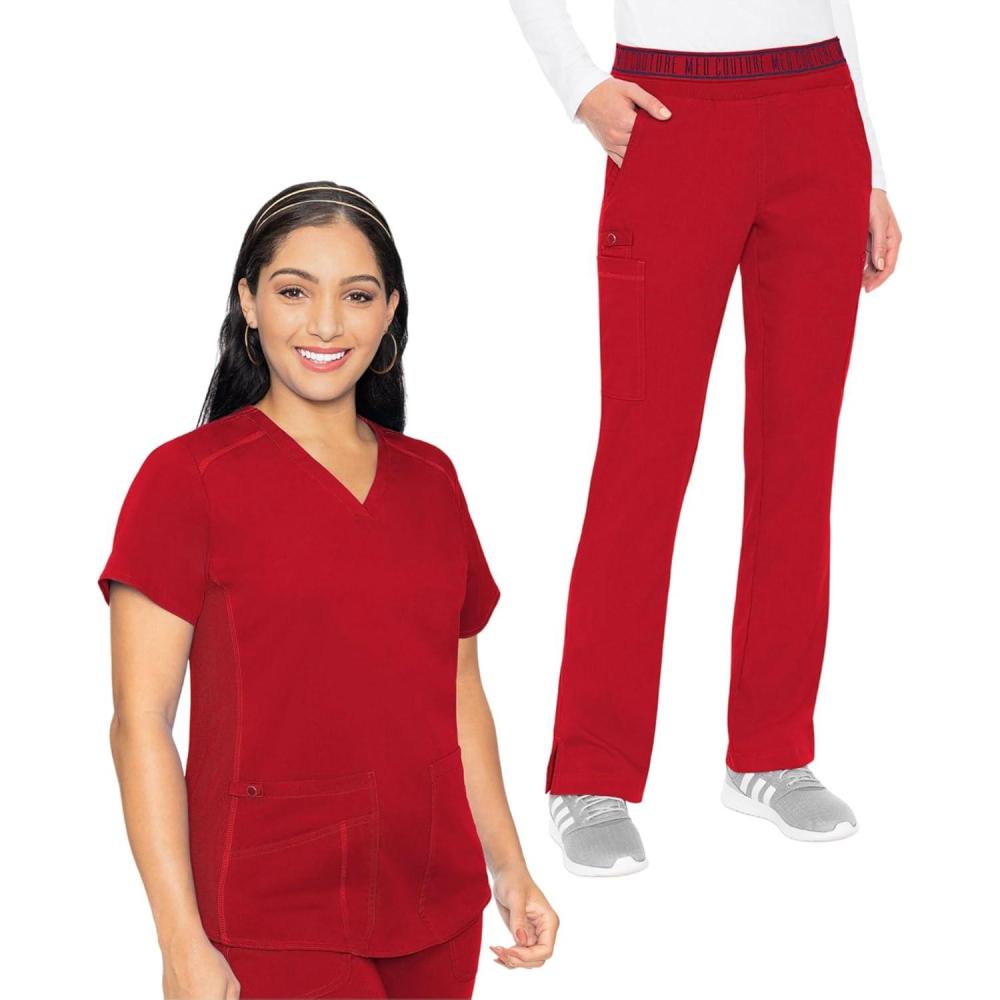 imageMed Couture Scrub Set For Women 11 Pockets with VNeck Scrub Top MC7459 and Comfortable Scrub Pants MC7739Red