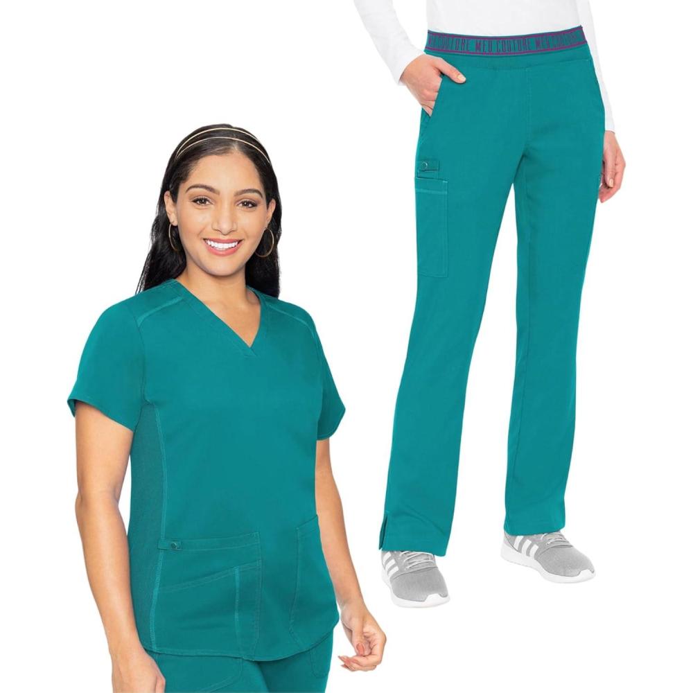 imageMed Couture Scrub Set For Women 11 Pockets with VNeck Scrub Top MC7459 and Comfortable Scrub Pants MC7739Teal