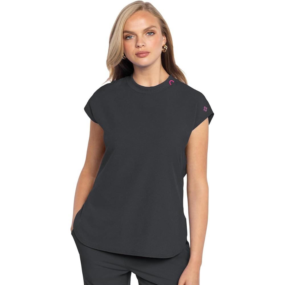 imageMed Couture Scrub Top Women Round Neck Tuckable with 2 Zipper Pockets with Rounded Hem MC703Pewter