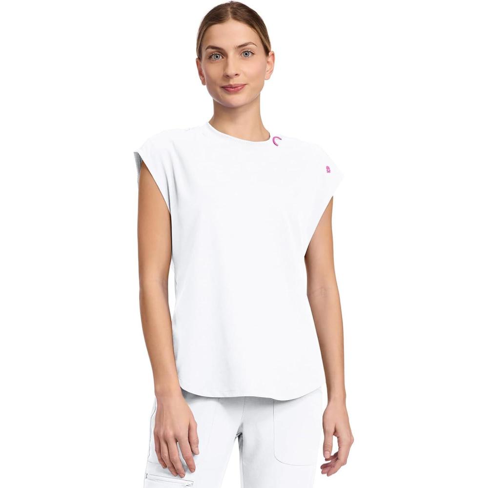 imageMed Couture Scrub Top Women Round Neck Tuckable with 2 Zipper Pockets with Rounded Hem MC703White