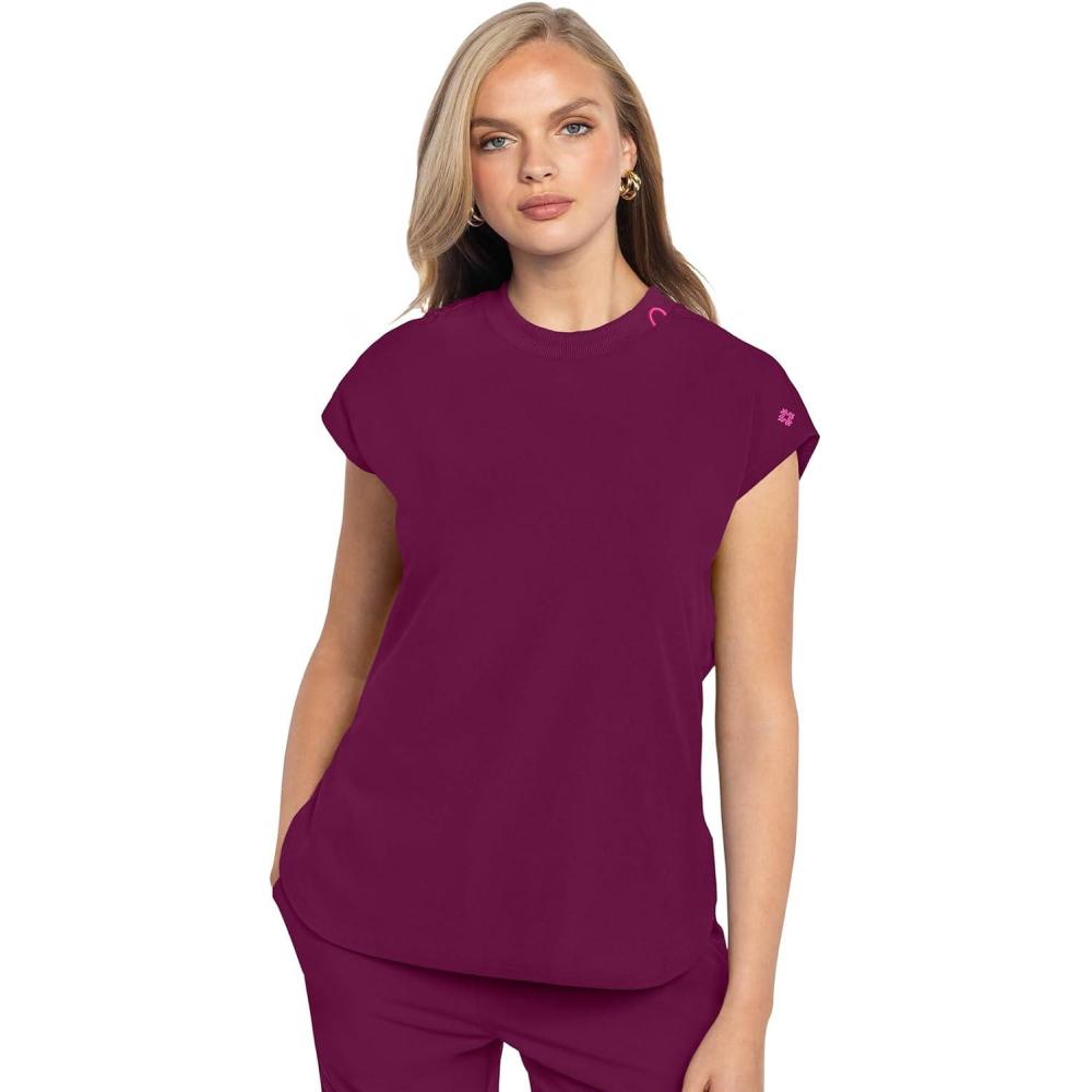 imageMed Couture Scrub Top Women Round Neck Tuckable with 2 Zipper Pockets with Rounded Hem MC703Wine
