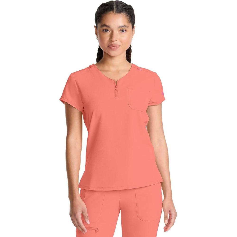 imageMed Couture Scrubs top for Women Medical Quarter Zip VNeck Scrub Top Tuckable with Chest Pocket and Rounded Hem MC705Coral Fusion