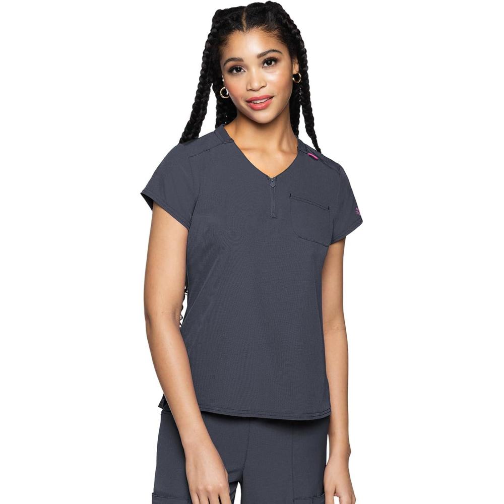imageMed Couture Scrubs top for Women Medical Quarter Zip VNeck Scrub Top Tuckable with Chest Pocket and Rounded Hem MC705Pewter
