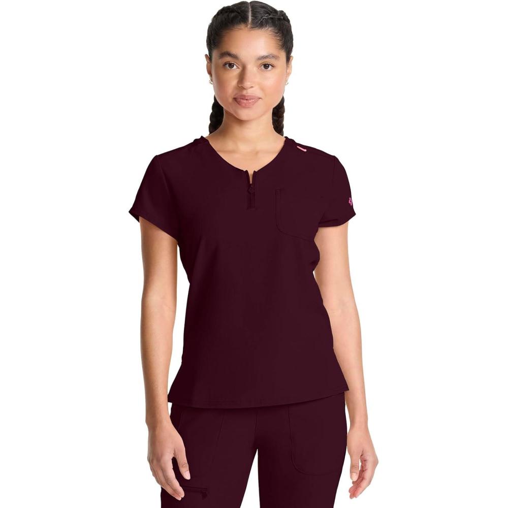 imageMed Couture Scrubs top for Women Medical Quarter Zip VNeck Scrub Top Tuckable with Chest Pocket and Rounded Hem MC705Wine