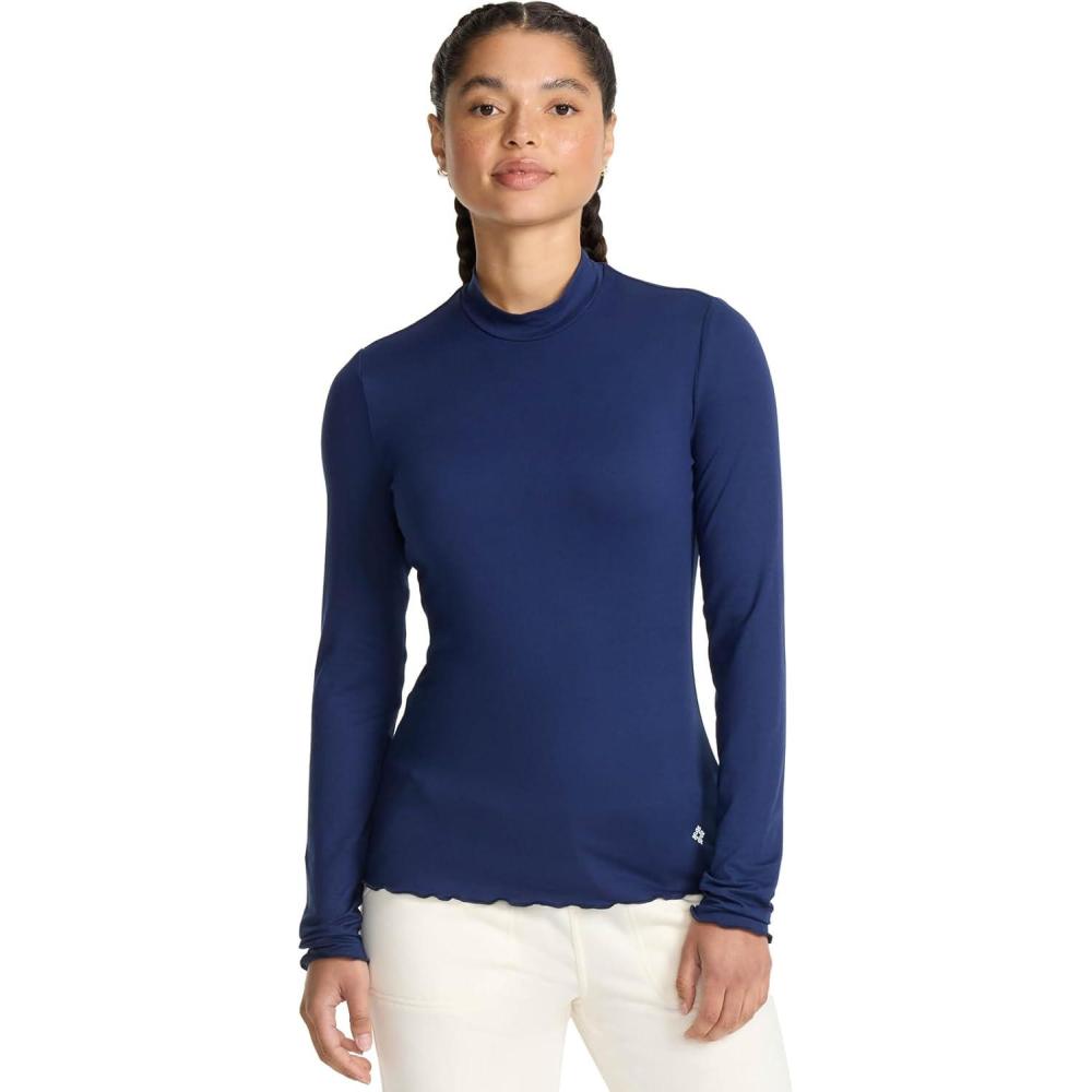 imageMed Couture Underscrub Long Sleeve Women Top Lettuce Edge Mock Neck with Rounded Hem and Sporty Look MC708Navy