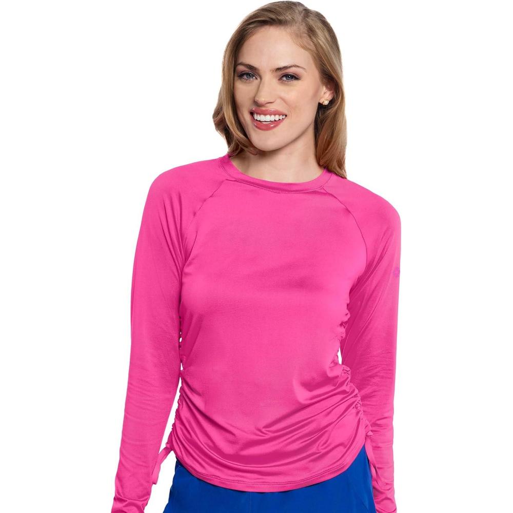 imageMed Couture Underscrub Long Sleeve Women Top Ruched Knit Details Rounded Hem with Adjustable Taping at Side Seam  MC700Amp Pink