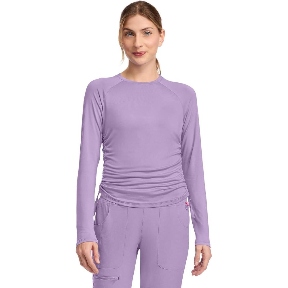 imageMed Couture Underscrub Long Sleeve Women Top Ruched Knit Details Rounded Hem with Adjustable Taping at Side Seam  MC700Digital Lavender