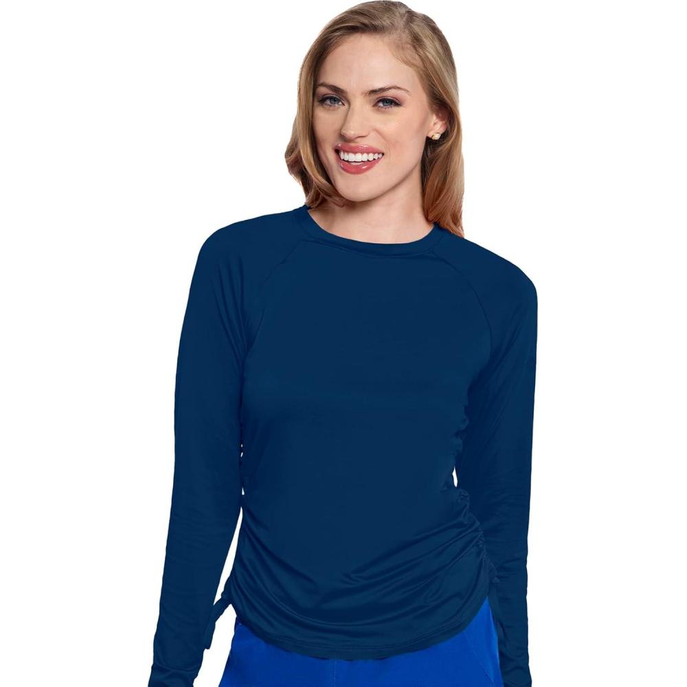 imageMed Couture Underscrub Long Sleeve Women Top Ruched Knit Details Rounded Hem with Adjustable Taping at Side Seam  MC700Navy