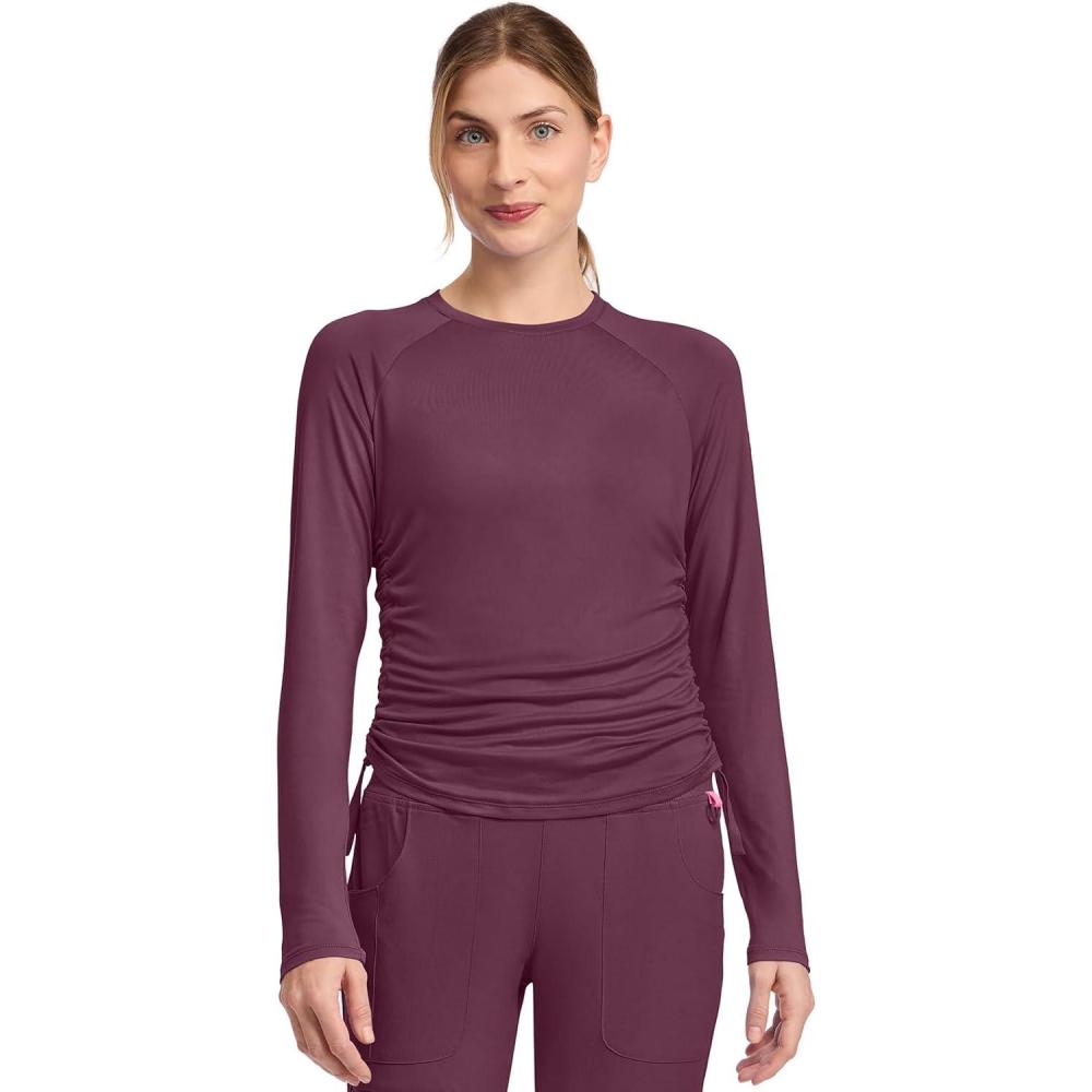 imageMed Couture Underscrub Long Sleeve Women Top Ruched Knit Details Rounded Hem with Adjustable Taping at Side Seam  MC700Wine