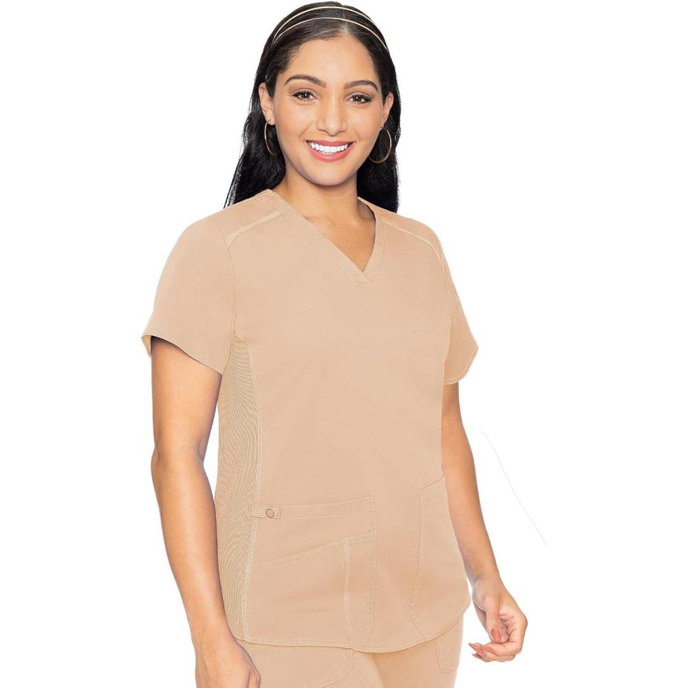 imageMed Couture VNeck Scrub Top for Women with 4 Pockets RibKnit Side Panel and Shirttail Hem MC7459Apricot Sorbet