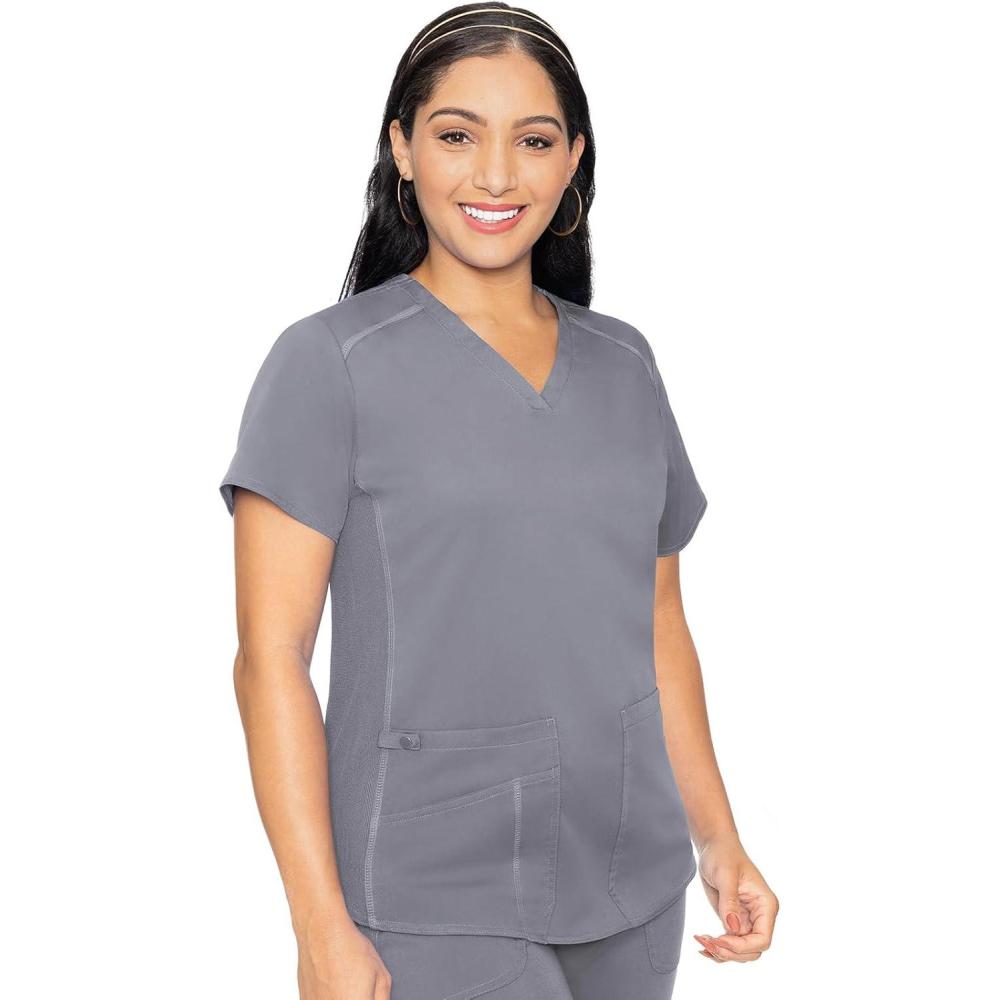 imageMed Couture VNeck Scrub Top for Women with 4 Pockets RibKnit Side Panel and Shirttail Hem MC7459Cloud