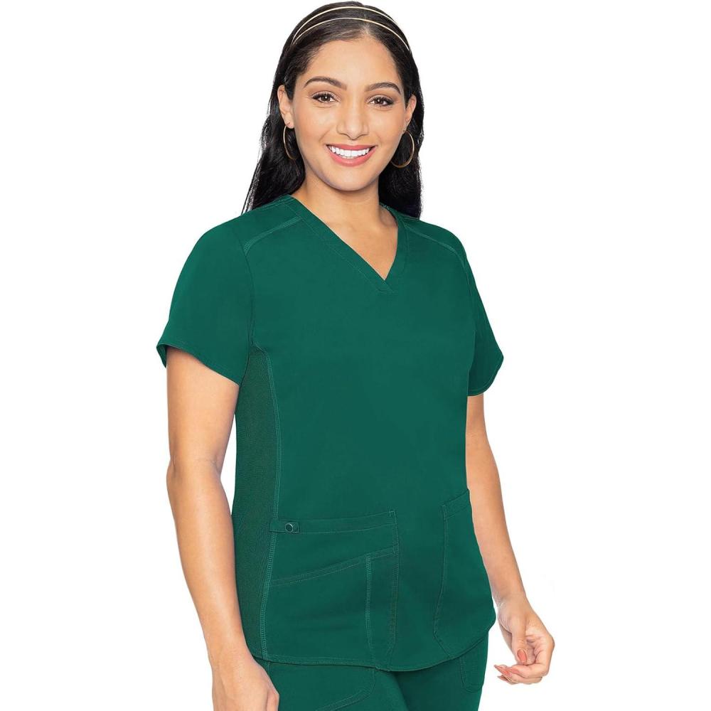 imageMed Couture VNeck Scrub Top for Women with 4 Pockets RibKnit Side Panel and Shirttail Hem MC7459Hunter Green