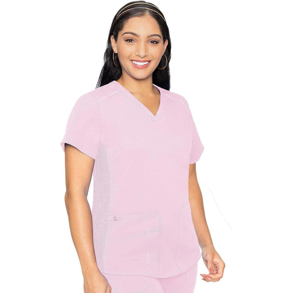 imageMed Couture VNeck Scrub Top for Women with 4 Pockets RibKnit Side Panel and Shirttail Hem MC7459Ice Pink