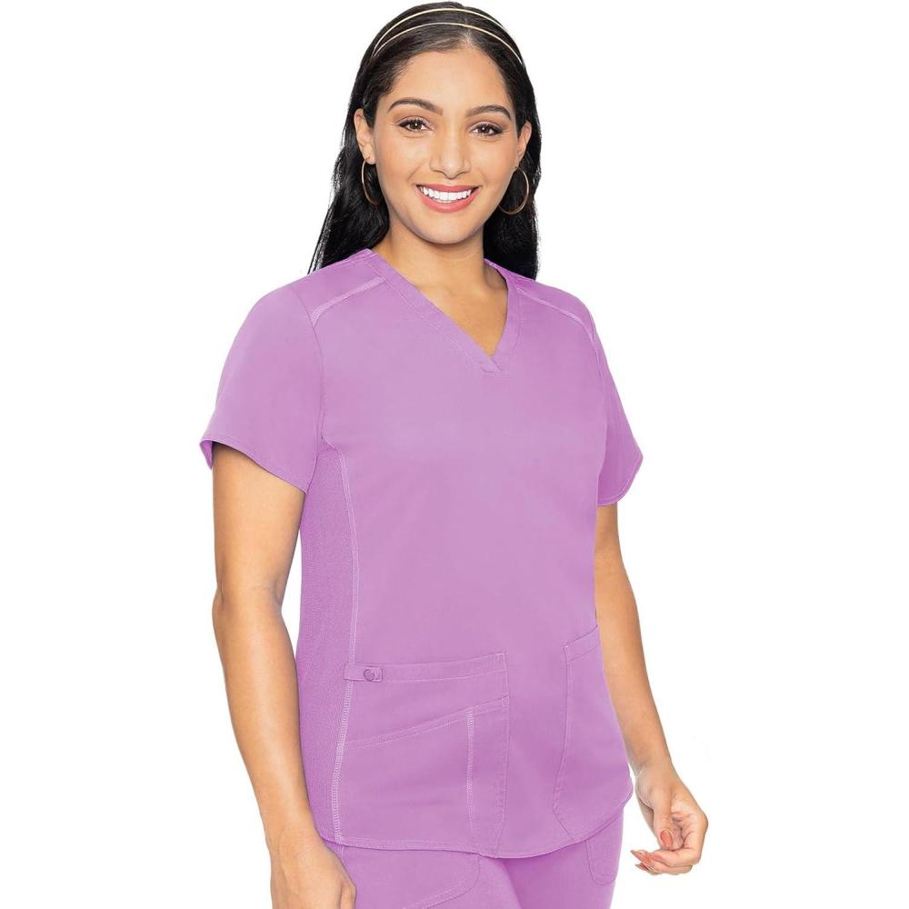 imageMed Couture VNeck Scrub Top for Women with 4 Pockets RibKnit Side Panel and Shirttail Hem MC7459Lilac