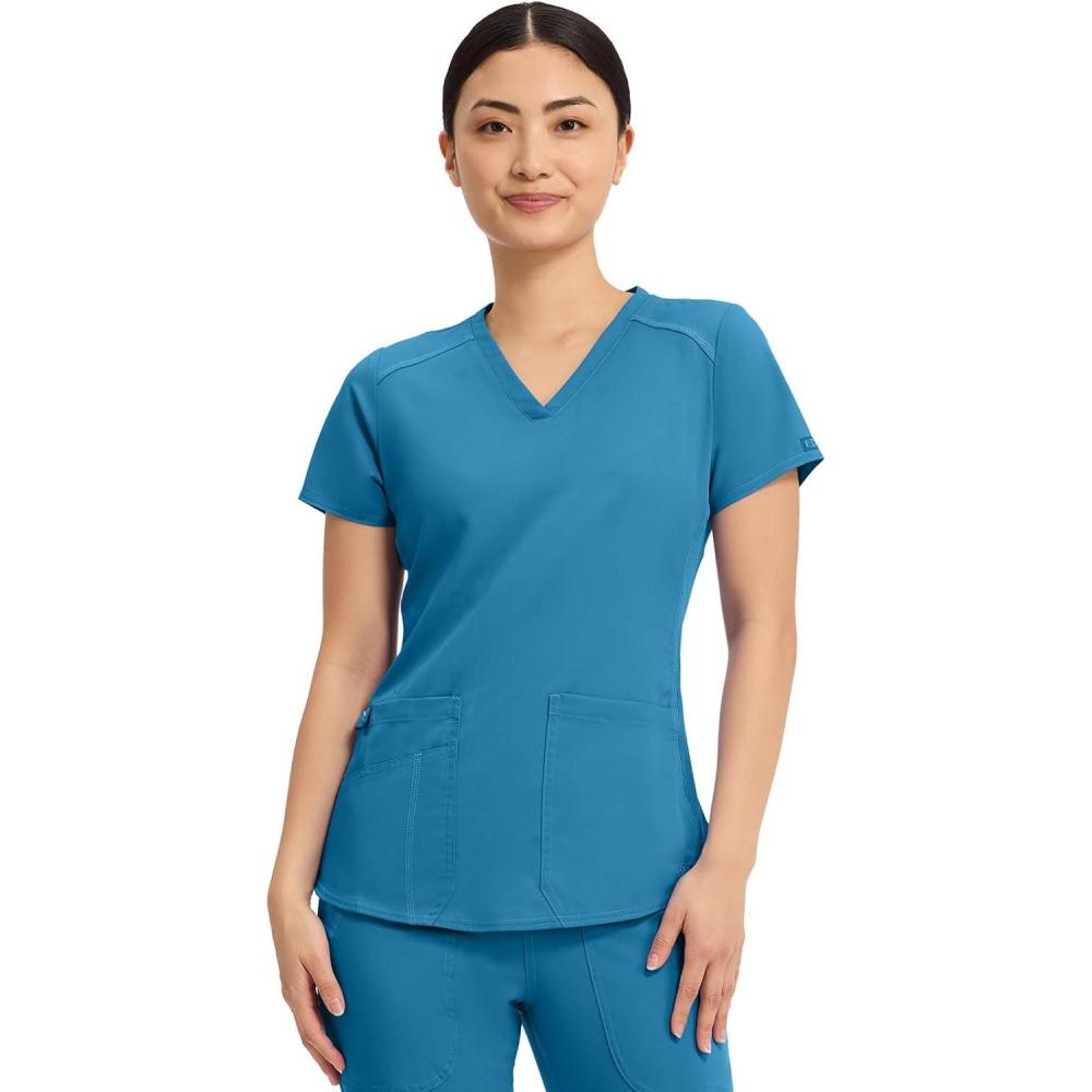 imageMed Couture VNeck Scrub Top for Women with 4 Pockets RibKnit Side Panel and Shirttail Hem MC7459Maliblue Shore
