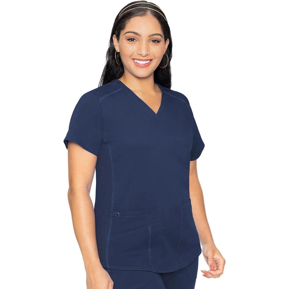 imageMed Couture VNeck Scrub Top for Women with 4 Pockets RibKnit Side Panel and Shirttail Hem MC7459Navy