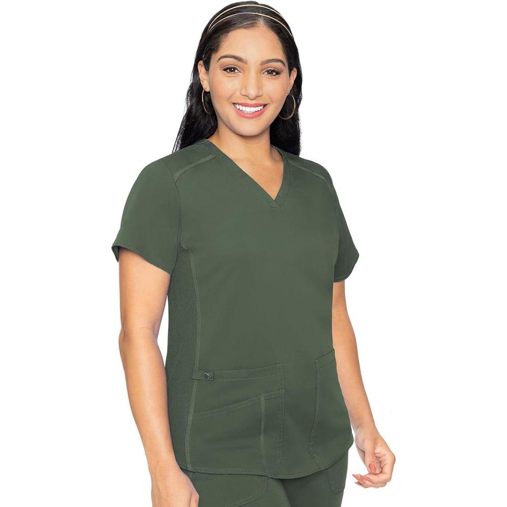 imageMed Couture VNeck Scrub Top for Women with 4 Pockets RibKnit Side Panel and Shirttail Hem MC7459Olive