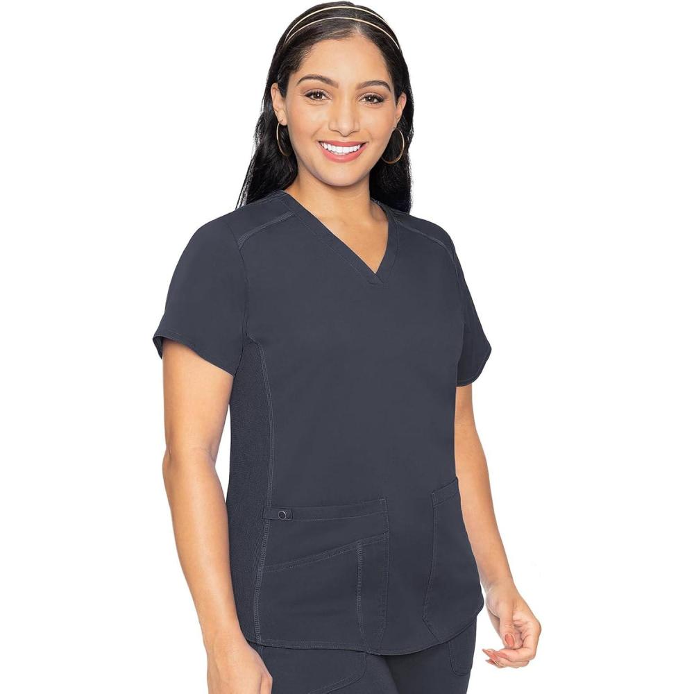 imageMed Couture VNeck Scrub Top for Women with 4 Pockets RibKnit Side Panel and Shirttail Hem MC7459Pewter