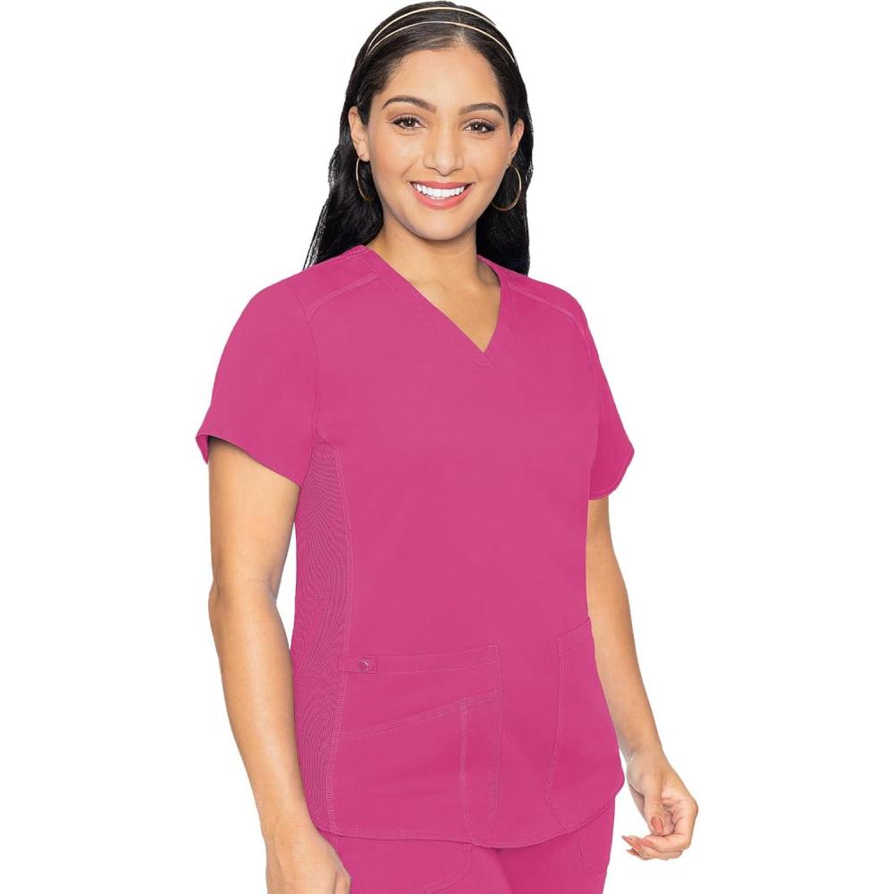 imageMed Couture VNeck Scrub Top for Women with 4 Pockets RibKnit Side Panel and Shirttail Hem MC7459Raspberry Tart