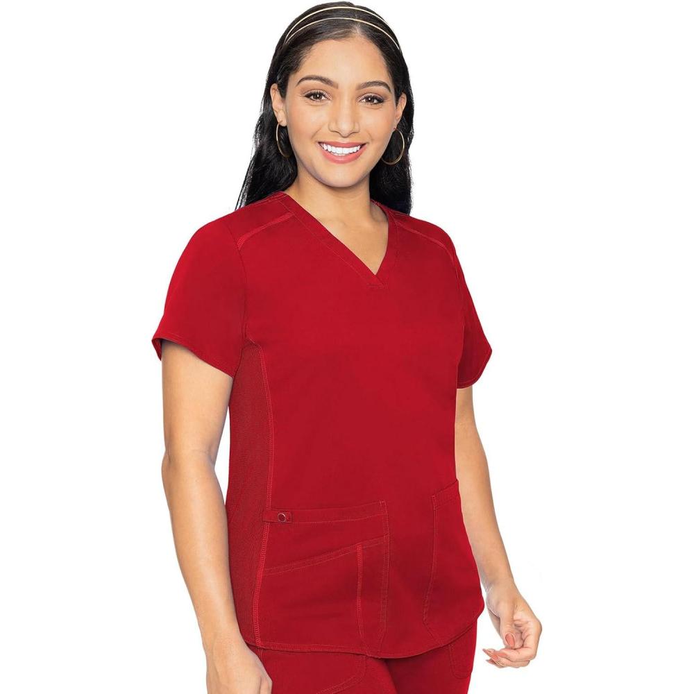 imageMed Couture VNeck Scrub Top for Women with 4 Pockets RibKnit Side Panel and Shirttail Hem MC7459Red
