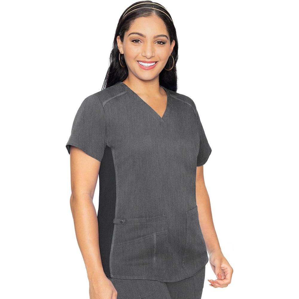 imageMed Couture VNeck Scrub Top for Women with 4 Pockets RibKnit Side Panel and Shirttail Hem MC7459Slate