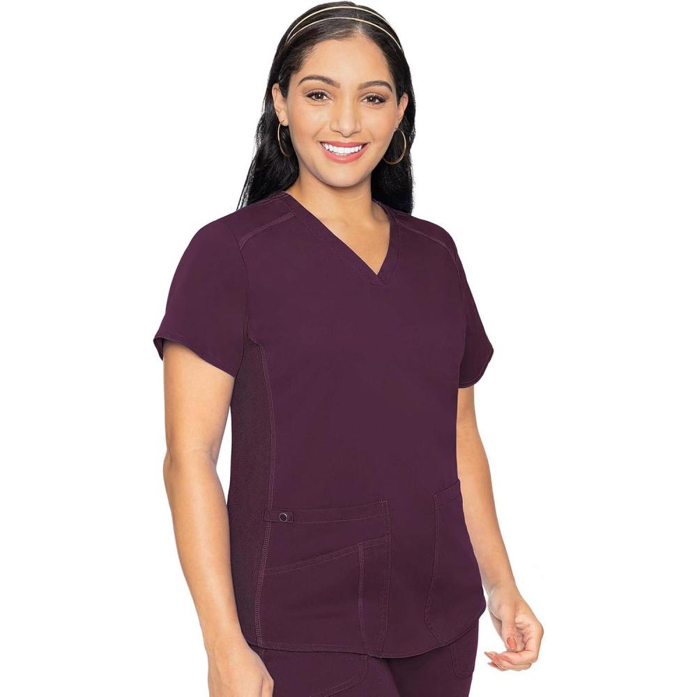 imageMed Couture VNeck Scrub Top for Women with 4 Pockets RibKnit Side Panel and Shirttail Hem MC7459Wine