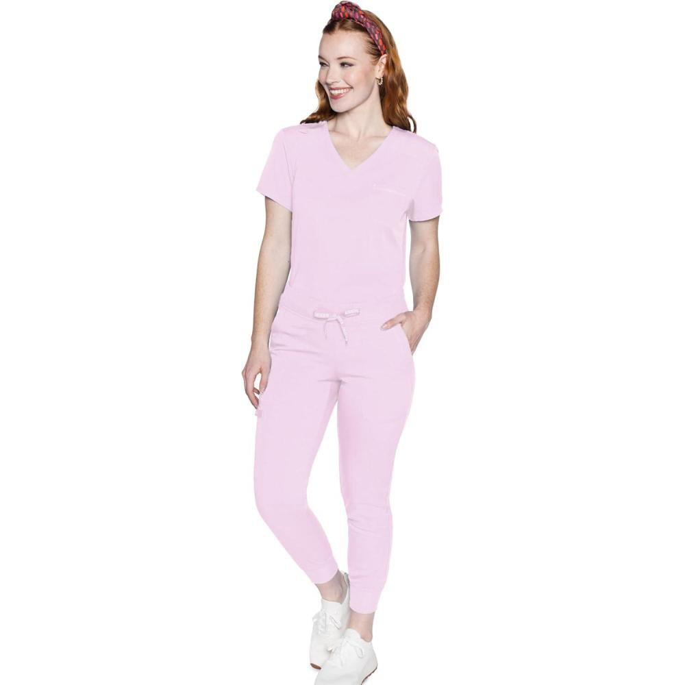 imageMed Couture Womens Scrub Set with V Neck Scrub Top MC7448 and 2Way Stretch Pants MC7710Ice Pink