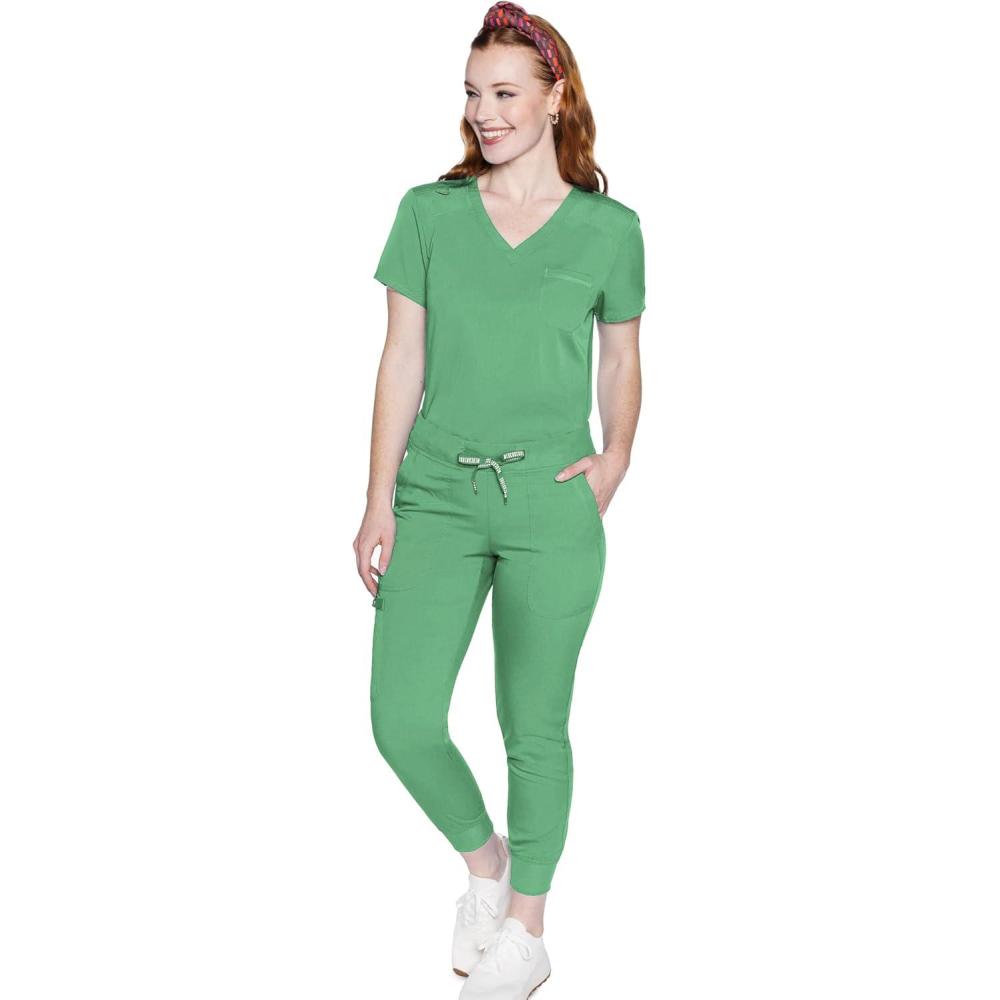 imageMed Couture Womens Scrub Set with V Neck Scrub Top MC7448 and 2Way Stretch Pants MC7710Kiwi Lime