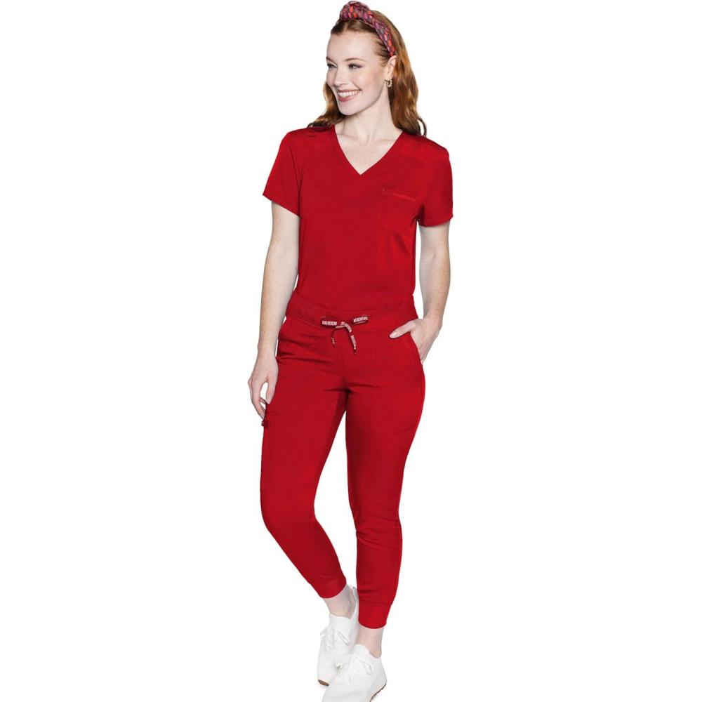 imageMed Couture Womens Scrub Set with V Neck Scrub Top MC7448 and 2Way Stretch Pants MC7710Red