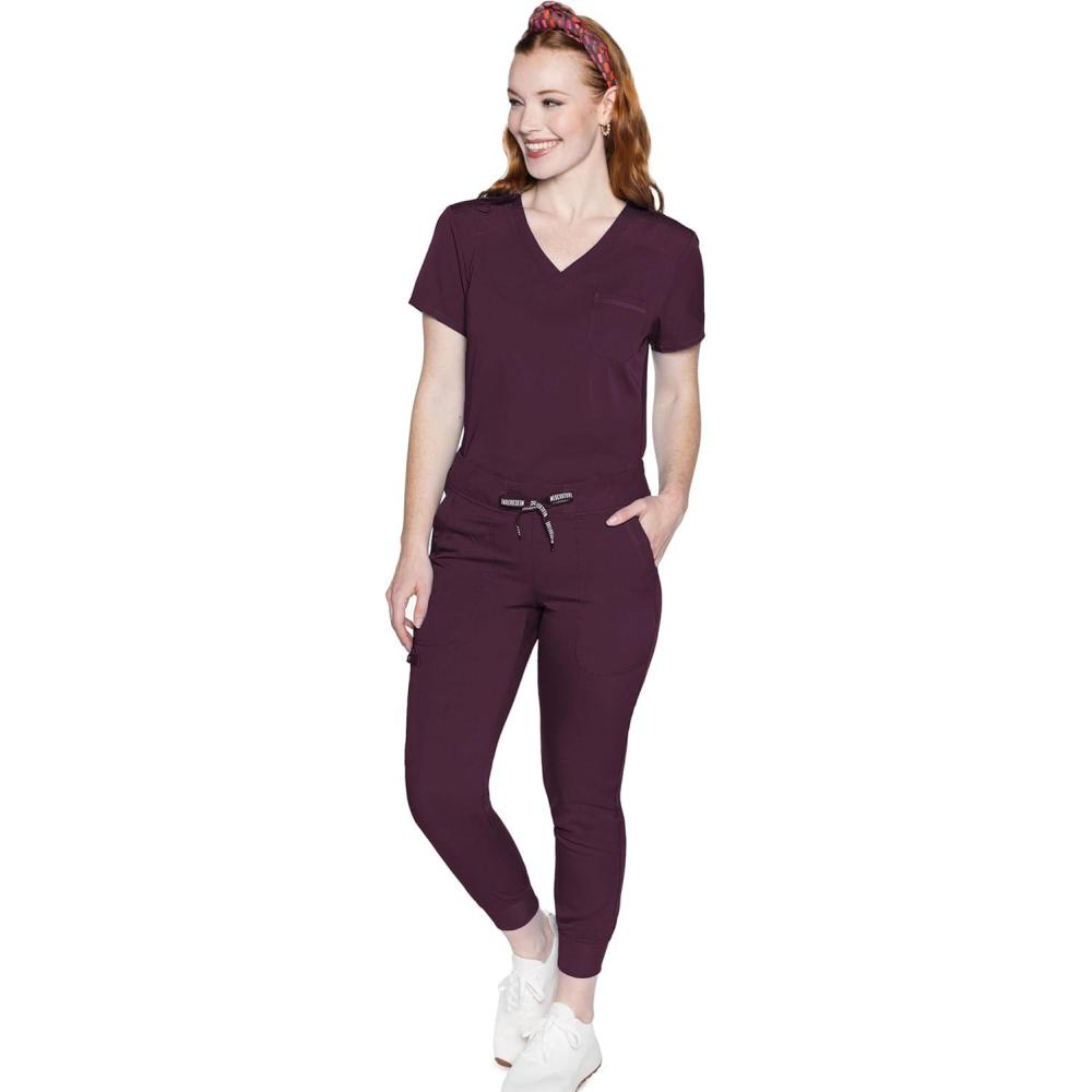 imageMed Couture Womens Scrub Set with V Neck Scrub Top MC7448 and 2Way Stretch Pants MC7710Wine