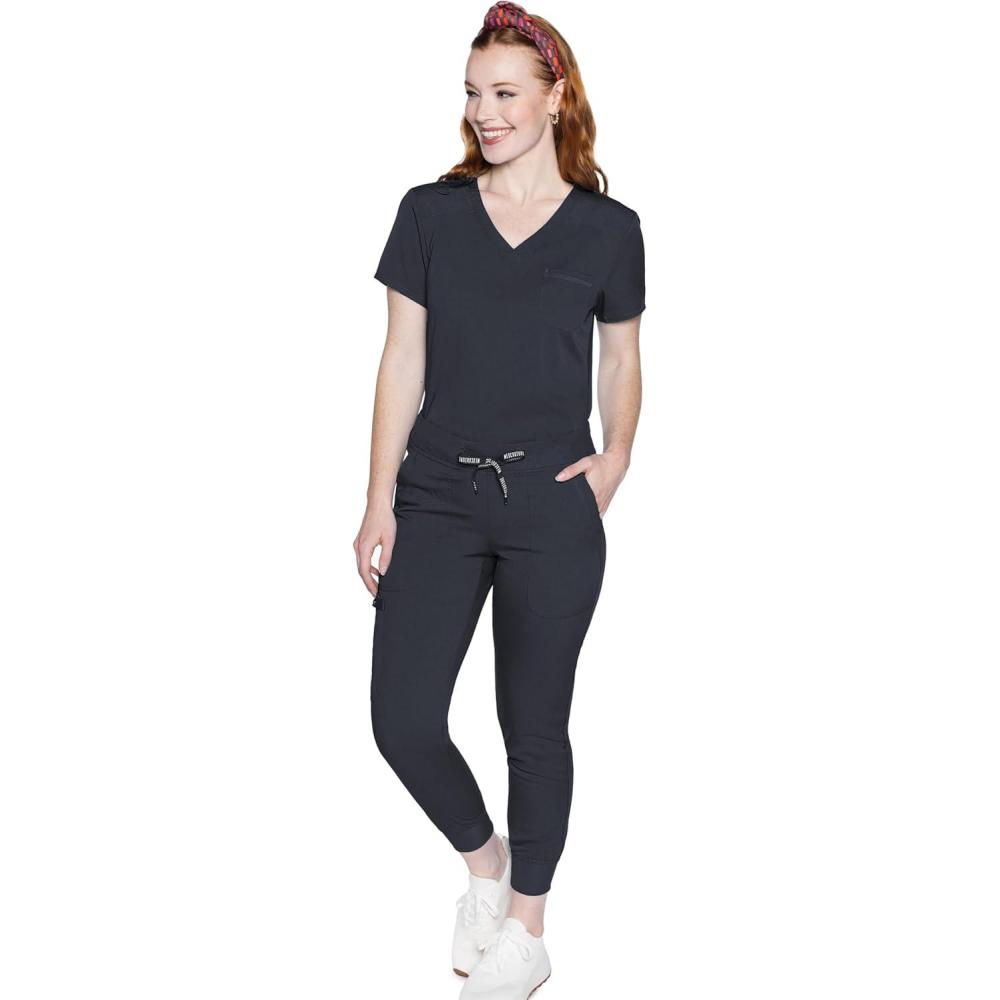 imageMed Couture Womens Scrub Set with VNeck Tuckable Top amp 5Pocket Jogger Pant Ultra Soft 2Way Stretch Fabric  MC00001CPewter
