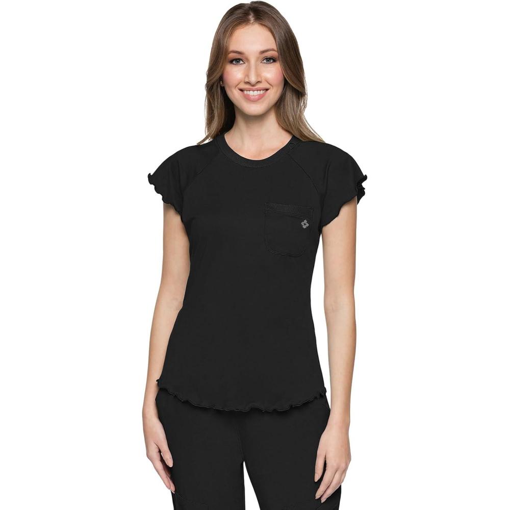 imageMed Couture Womens Scrub Top Short Sleeve Knit Medical Uniform TShirt with Chest Pocket Lettuce Edge  MC706Black