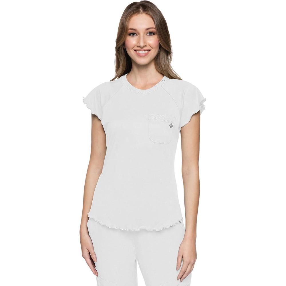 imageMed Couture Womens Scrub Top Short Sleeve Knit Medical Uniform TShirt with Chest Pocket Lettuce Edge  MC706White
